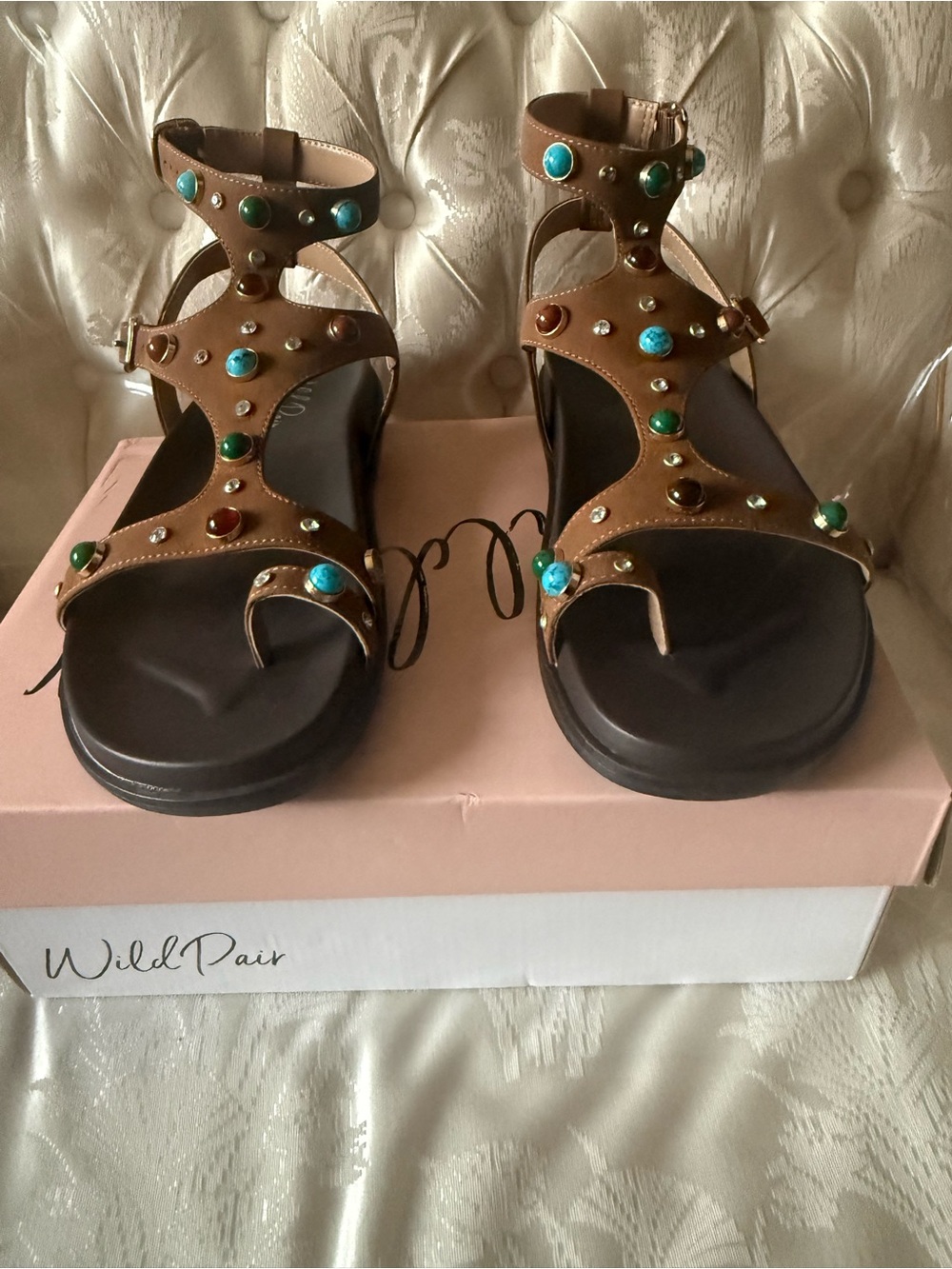 Wild Pair Brown Gladiator Sandals with Multicolor Gem Accents